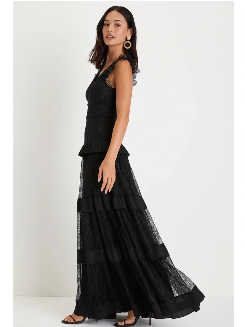 Lulus Marvelous Darling Black Crochet Lace Ruffled Tiered V-Neck Maxi Dress - Picture 3 of 16